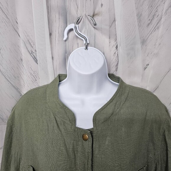 Arna York Olive Green Snap Boho Linen Minimalist Shacket Casual 22/24 - Picture 2 of 12